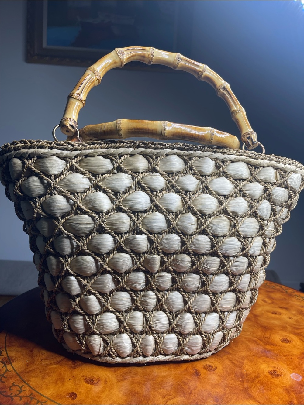 Handwoven Natural Shell Tote with Bamboo Handles - Natural